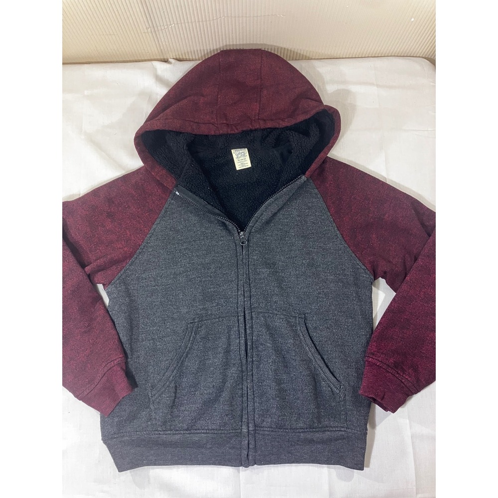 Faded Glory Kids XL (14-16) Full Zip Hoodie Jacket Gray Burgundy Sherpa Lined‎